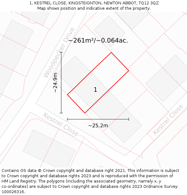 1, KESTREL CLOSE, KINGSTEIGNTON, NEWTON ABBOT, TQ12 3QZ: Plot and title map