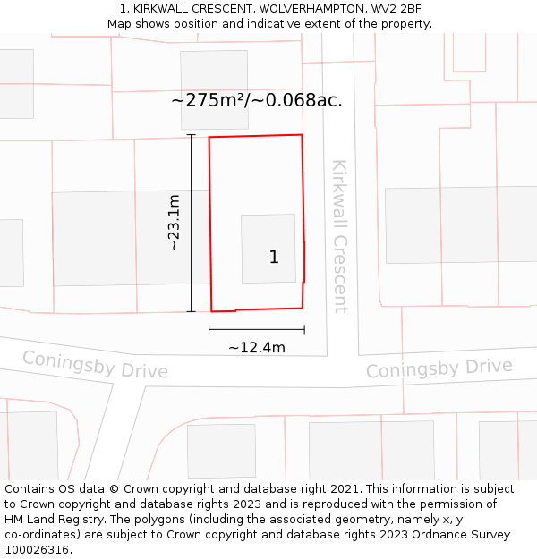 1, KIRKWALL CRESCENT, WOLVERHAMPTON, WV2 2BF: Plot and title map