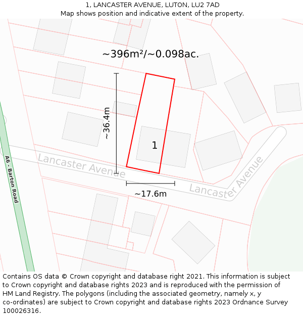 1, LANCASTER AVENUE, LUTON, LU2 7AD: Plot and title map