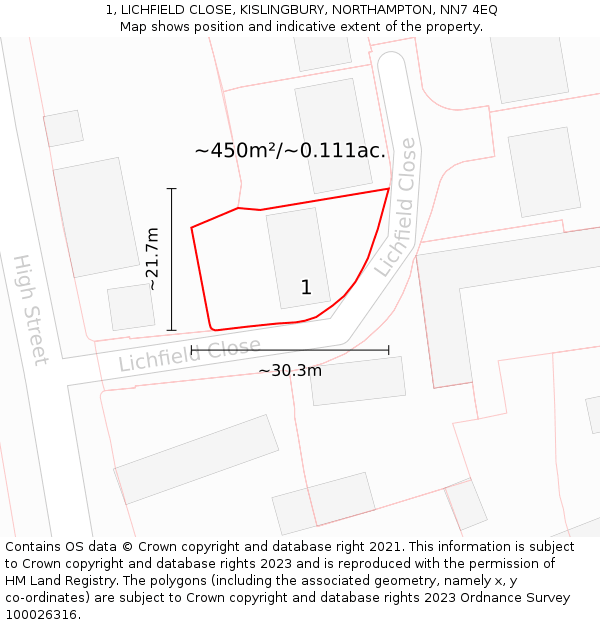 1, LICHFIELD CLOSE, KISLINGBURY, NORTHAMPTON, NN7 4EQ: Plot and title map