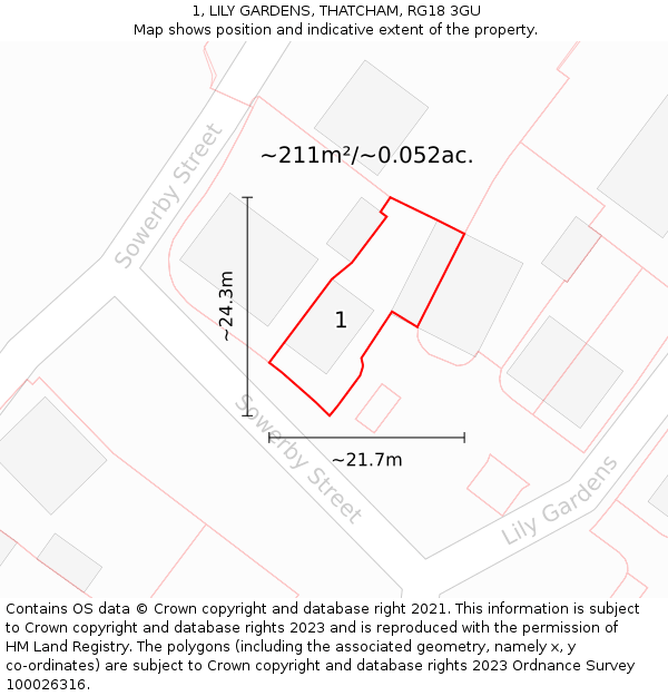 1, LILY GARDENS, THATCHAM, RG18 3GU: Plot and title map