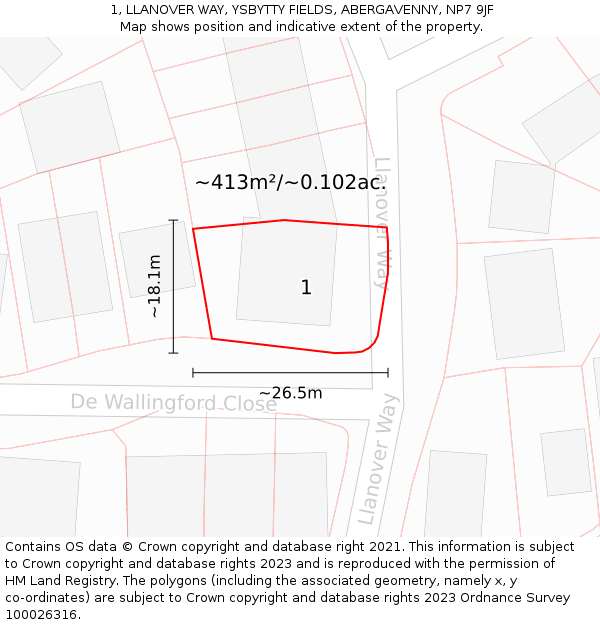 1, LLANOVER WAY, YSBYTTY FIELDS, ABERGAVENNY, NP7 9JF: Plot and title map
