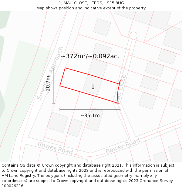 1, MAIL CLOSE, LEEDS, LS15 8UG: Plot and title map