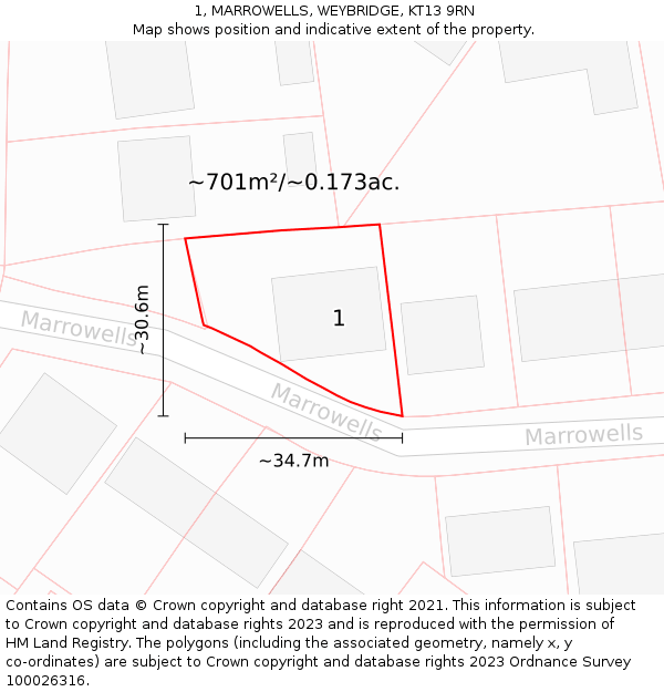 1, MARROWELLS, WEYBRIDGE, KT13 9RN: Plot and title map