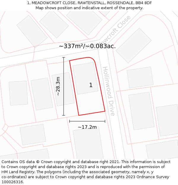 1, MEADOWCROFT CLOSE, RAWTENSTALL, ROSSENDALE, BB4 8DF: Plot and title map