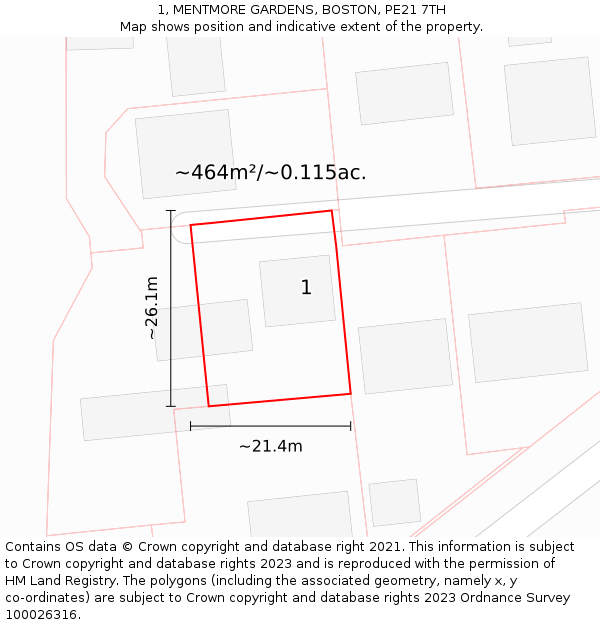 1, MENTMORE GARDENS, BOSTON, PE21 7TH: Plot and title map