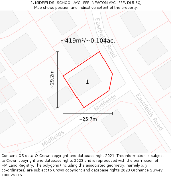 1, MIDFIELDS, SCHOOL AYCLIFFE, NEWTON AYCLIFFE, DL5 6QJ: Plot and title map