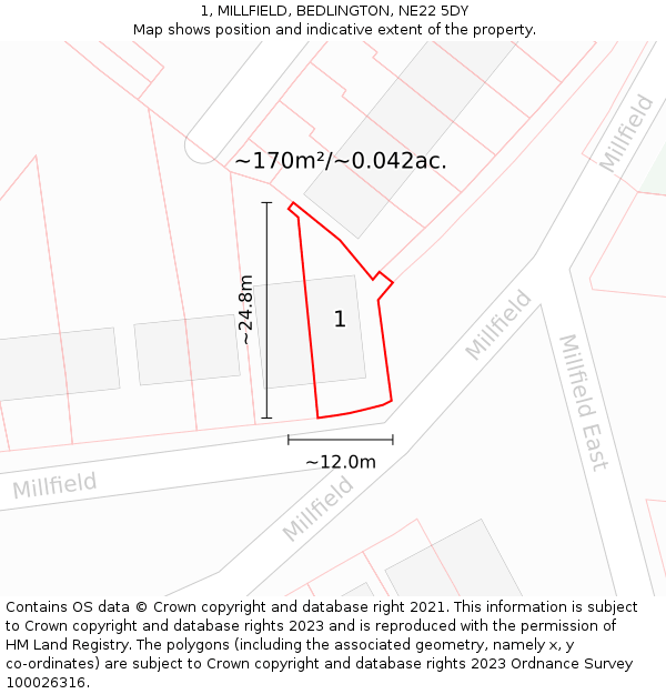 1, MILLFIELD, BEDLINGTON, NE22 5DY: Plot and title map