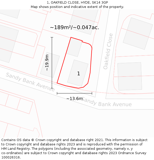 1, OAKFIELD CLOSE, HYDE, SK14 3GP: Plot and title map