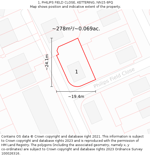 1, PHILIPS FIELD CLOSE, KETTERING, NN15 6PQ: Plot and title map