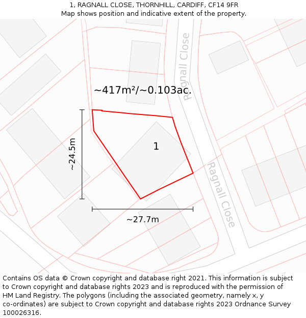 1, RAGNALL CLOSE, THORNHILL, CARDIFF, CF14 9FR: Plot and title map