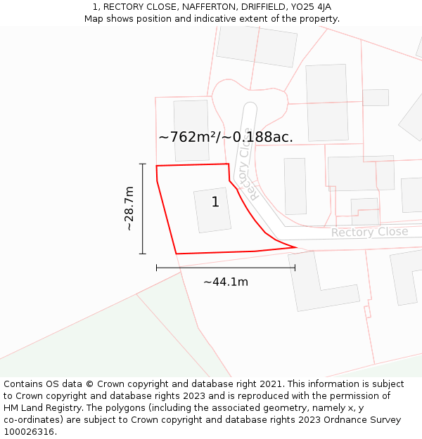 1, RECTORY CLOSE, NAFFERTON, DRIFFIELD, YO25 4JA: Plot and title map