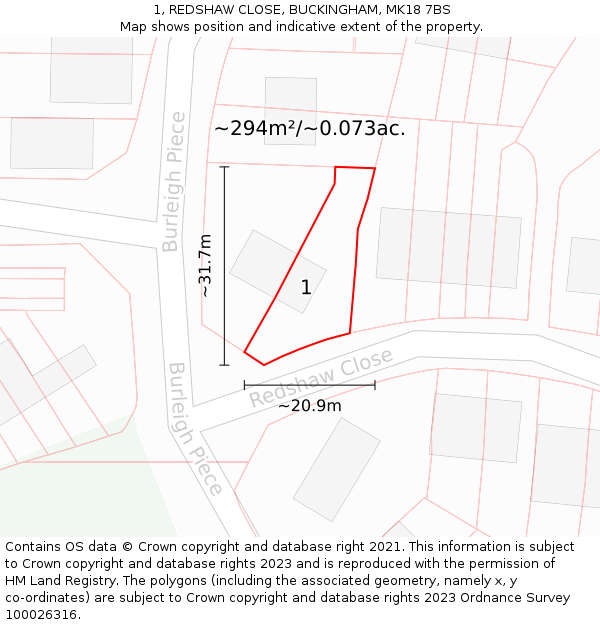 1, REDSHAW CLOSE, BUCKINGHAM, MK18 7BS: Plot and title map