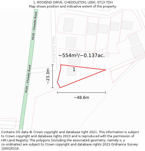 1, ROCKEND DRIVE, CHEDDLETON, LEEK, ST13 7DH: Plot and title map