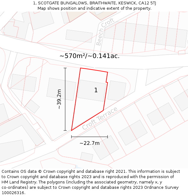 1, SCOTGATE BUNGALOWS, BRAITHWAITE, KESWICK, CA12 5TJ: Plot and title map