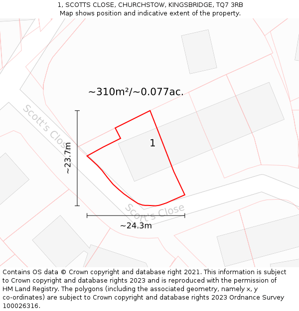 1, SCOTTS CLOSE, CHURCHSTOW, KINGSBRIDGE, TQ7 3RB: Plot and title map
