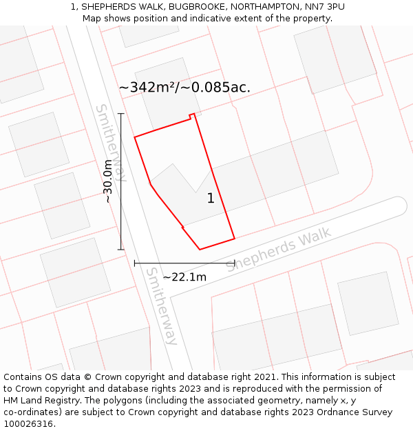 1, SHEPHERDS WALK, BUGBROOKE, NORTHAMPTON, NN7 3PU: Plot and title map