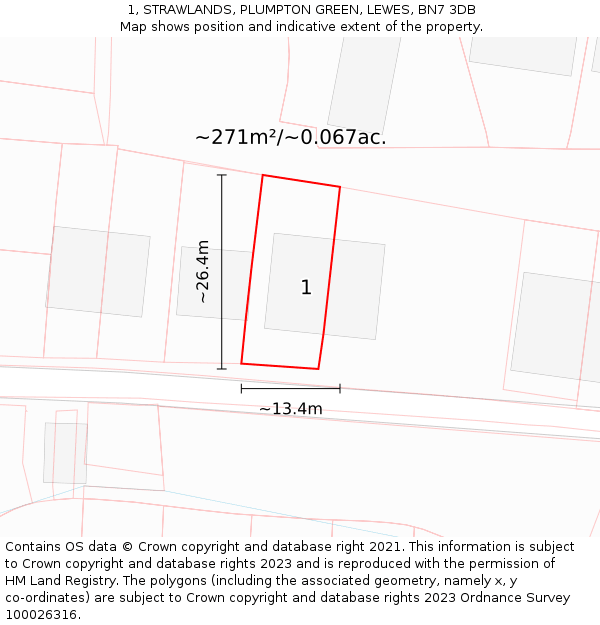 1, STRAWLANDS, PLUMPTON GREEN, LEWES, BN7 3DB: Plot and title map