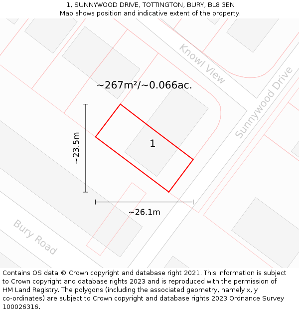 1, SUNNYWOOD DRIVE, TOTTINGTON, BURY, BL8 3EN: Plot and title map