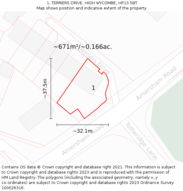 1, TERRIERS DRIVE, HIGH WYCOMBE, HP13 5BT: Plot and title map
