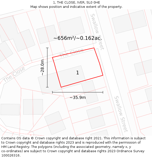 1, THE CLOSE, IVER, SL0 0HE: Plot and title map
