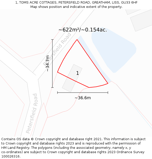 1, TOMS ACRE COTTAGES, PETERSFIELD ROAD, GREATHAM, LISS, GU33 6HF: Plot and title map