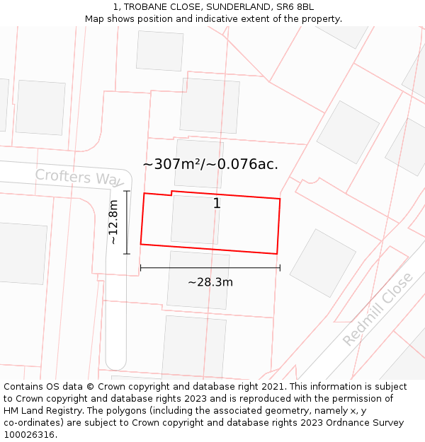 1, TROBANE CLOSE, SUNDERLAND, SR6 8BL: Plot and title map