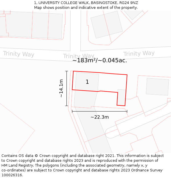 1, UNIVERSITY COLLEGE WALK, BASINGSTOKE, RG24 9NZ: Plot and title map