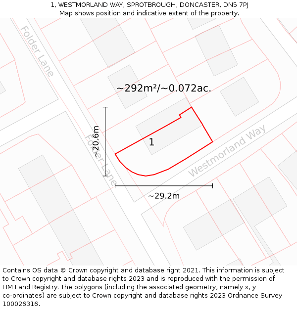 1, WESTMORLAND WAY, SPROTBROUGH, DONCASTER, DN5 7PJ: Plot and title map
