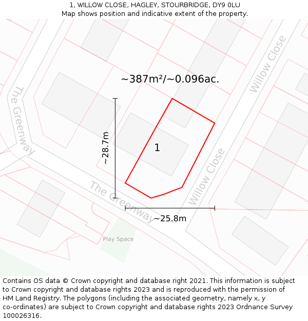 1, WILLOW CLOSE, HAGLEY, STOURBRIDGE, DY9 0LU: Plot and title map