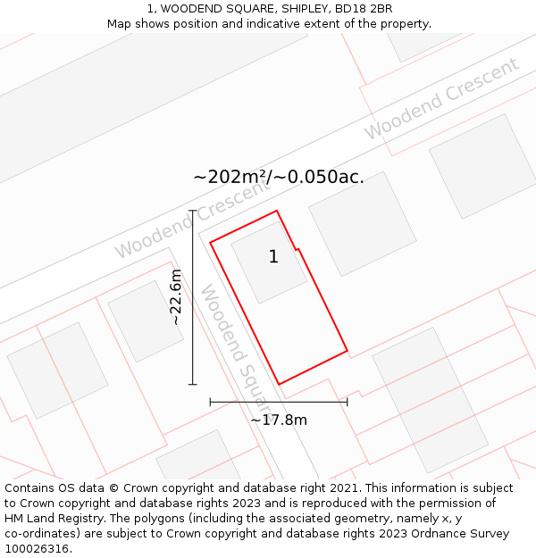 1, WOODEND SQUARE, SHIPLEY, BD18 2BR: Plot and title map