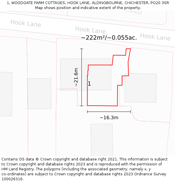 1, WOODGATE FARM COTTAGES, HOOK LANE, ALDINGBOURNE, CHICHESTER, PO20 3SR: Plot and title map