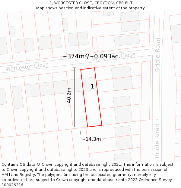 1, WORCESTER CLOSE, CROYDON, CR0 8HT: Plot and title map