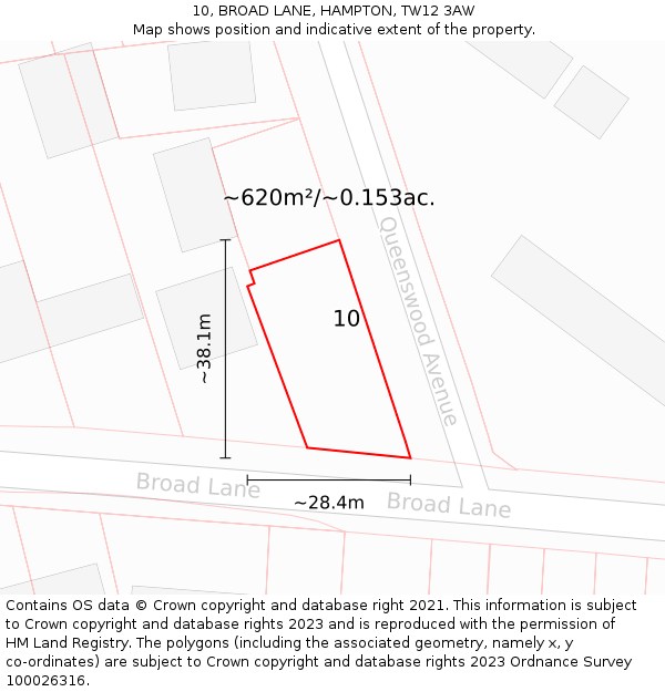 10, BROAD LANE, HAMPTON, TW12 3AW: Plot and title map