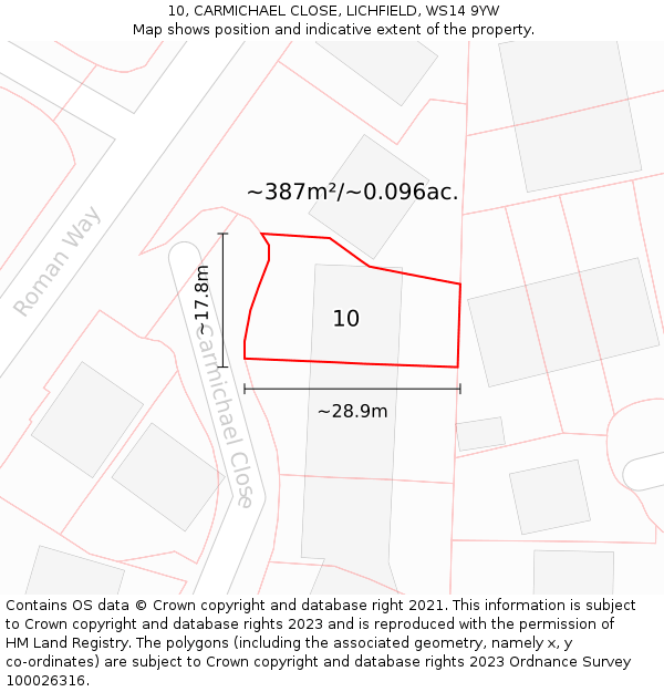 10, CARMICHAEL CLOSE, LICHFIELD, WS14 9YW: Plot and title map