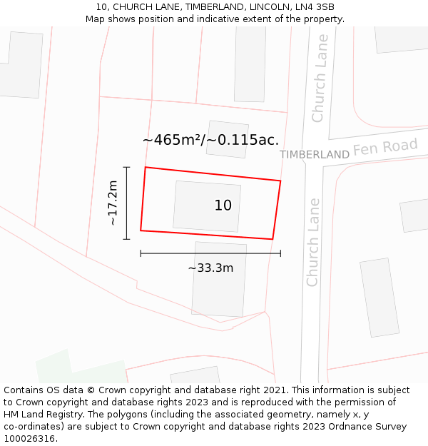 10, CHURCH LANE, TIMBERLAND, LINCOLN, LN4 3SB: Plot and title map