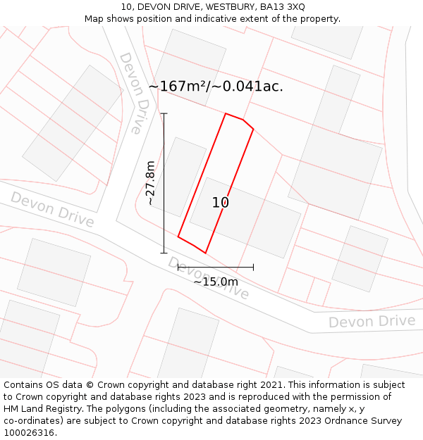 10, DEVON DRIVE, WESTBURY, BA13 3XQ: Plot and title map