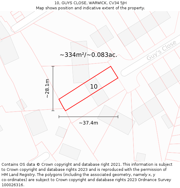 10, GUYS CLOSE, WARWICK, CV34 5JH: Plot and title map