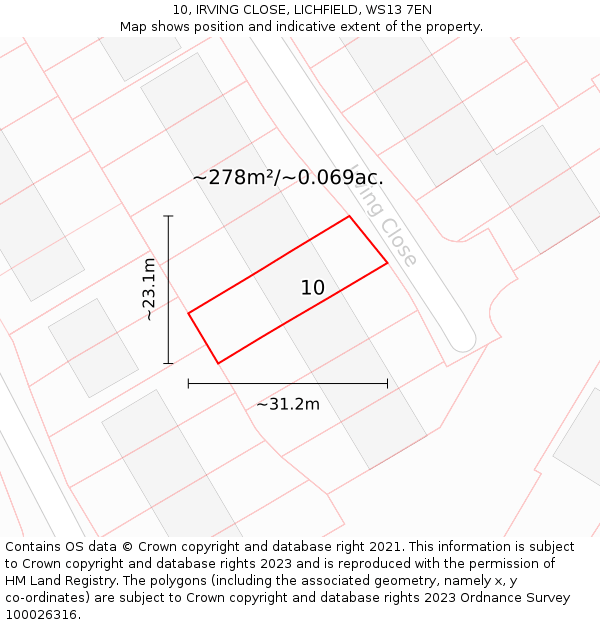10, IRVING CLOSE, LICHFIELD, WS13 7EN: Plot and title map