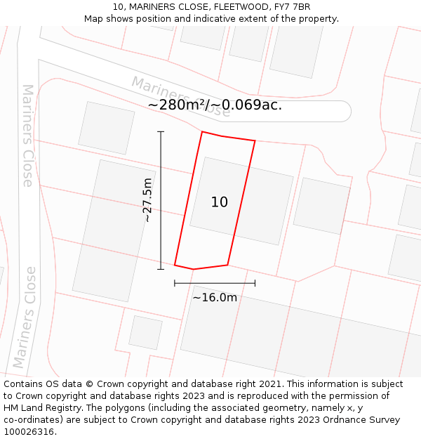 10, MARINERS CLOSE, FLEETWOOD, FY7 7BR: Plot and title map