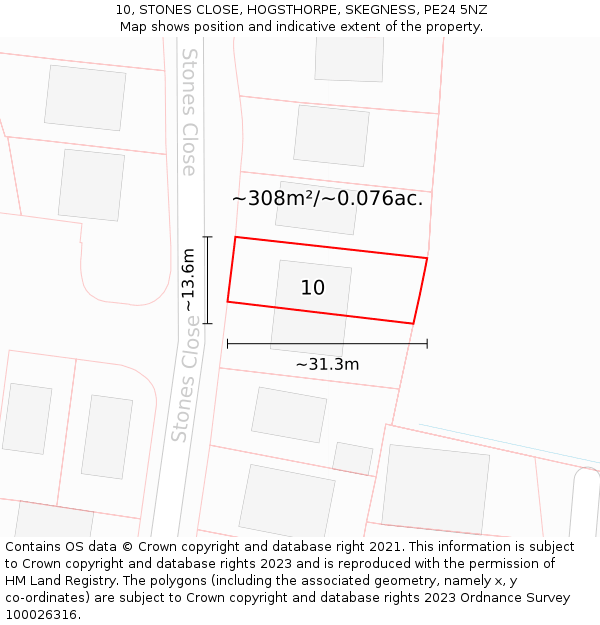10, STONES CLOSE, HOGSTHORPE, SKEGNESS, PE24 5NZ: Plot and title map