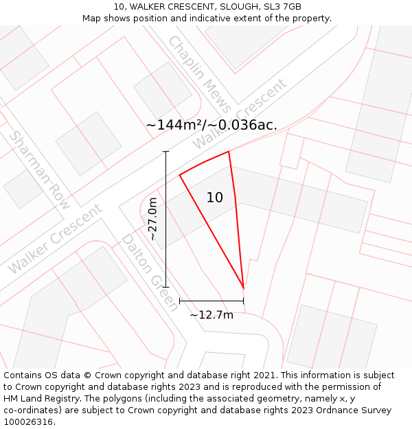 10, WALKER CRESCENT, SLOUGH, SL3 7GB: Plot and title map