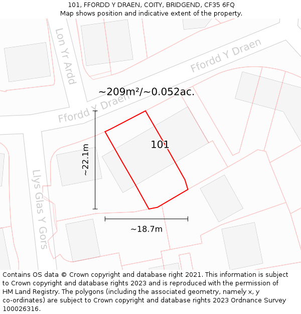 101, FFORDD Y DRAEN, COITY, BRIDGEND, CF35 6FQ: Plot and title map