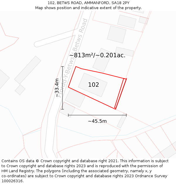 102, BETWS ROAD, AMMANFORD, SA18 2PY: Plot and title map