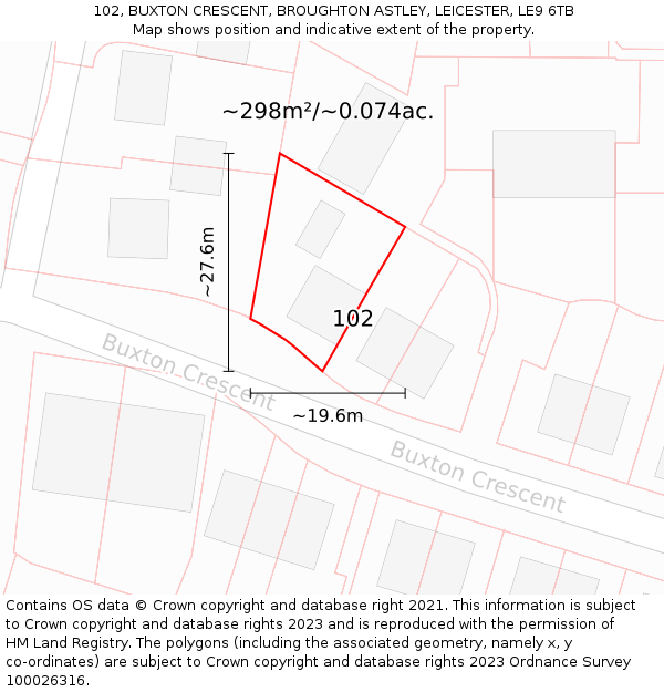 102, BUXTON CRESCENT, BROUGHTON ASTLEY, LEICESTER, LE9 6TB: Plot and title map