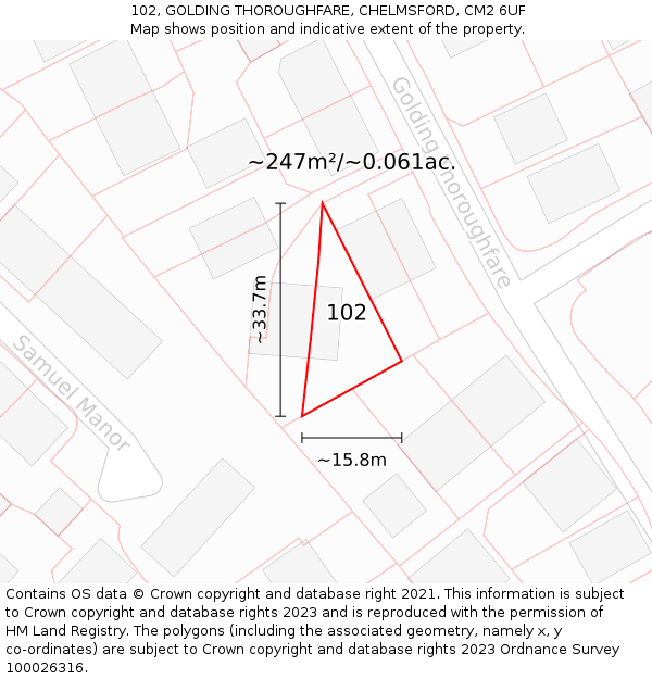 102, GOLDING THOROUGHFARE, CHELMSFORD, CM2 6UF: Plot and title map