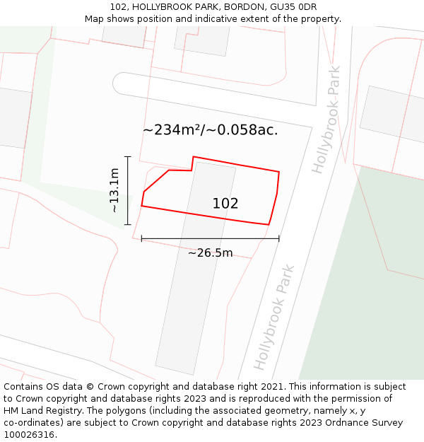102, HOLLYBROOK PARK, BORDON, GU35 0DR: Plot and title map