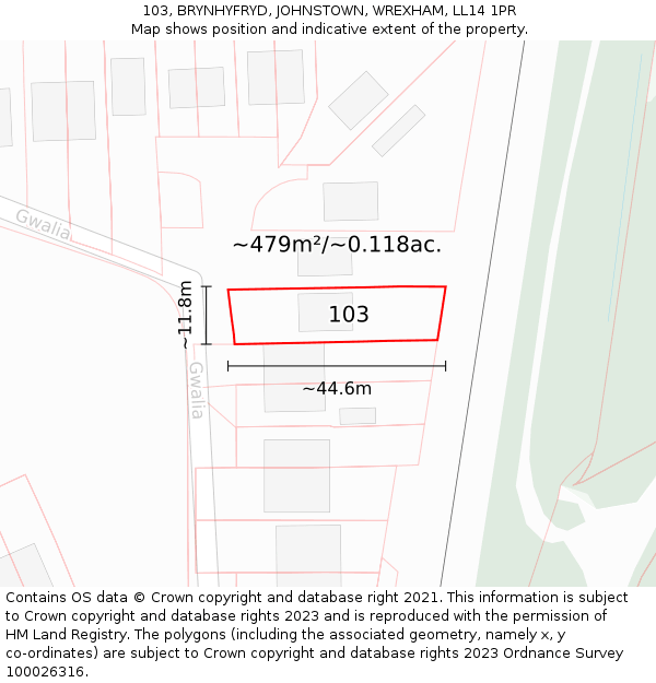 103, BRYNHYFRYD, JOHNSTOWN, WREXHAM, LL14 1PR: Plot and title map