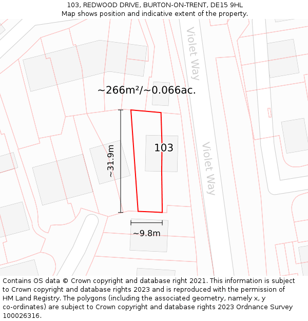 103, REDWOOD DRIVE, BURTON-ON-TRENT, DE15 9HL: Plot and title map