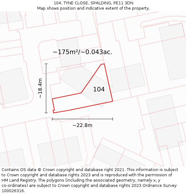 104, TYNE CLOSE, SPALDING, PE11 3DN: Plot and title map